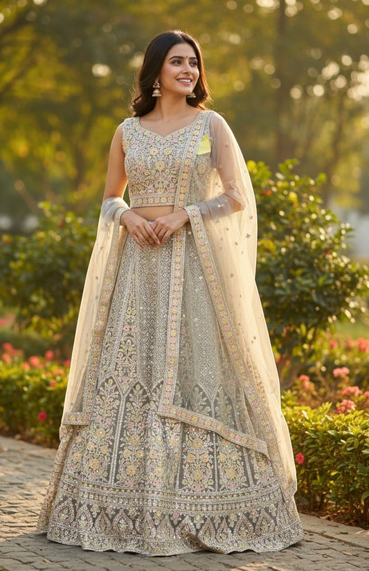 Kurti Connection USA grey embellished lehenga choli with dupatta, intricate embroidery, sparkling details, suitable for special occasions.