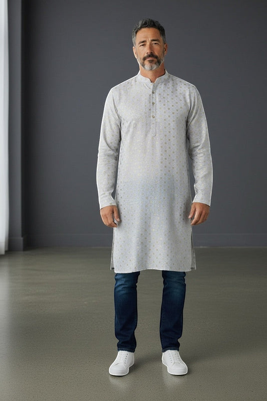 Kurti Connection USA men's light grey kurta shirt with subtle gold geometric pattern, mandarin collar, and button placket.
