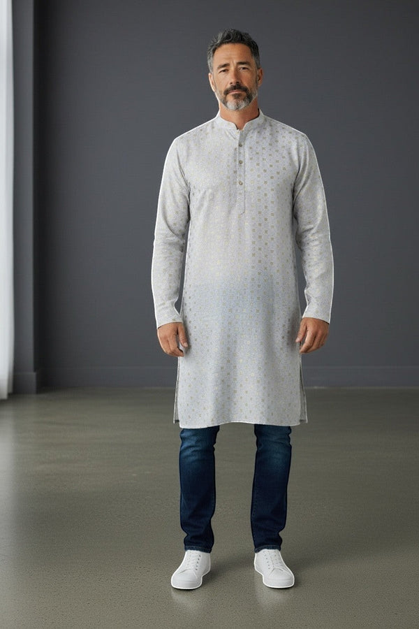 Kurti Connection USA men's light grey kurta shirt with subtle gold geometric pattern, mandarin collar, and button placket.