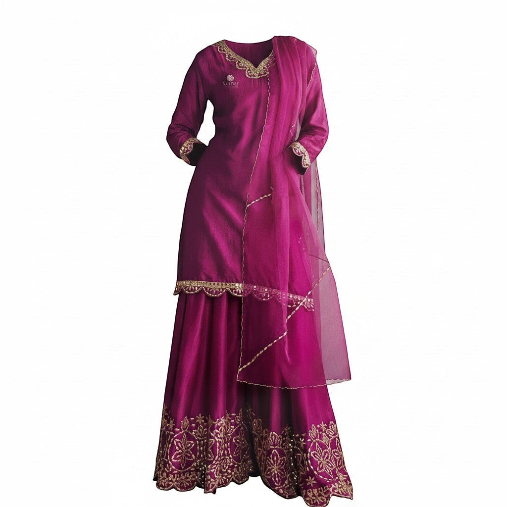 Kurti Connection USA magenta silk sharara suit with gold embroidery on neckline, cuffs, and hem. Includes sheer dupatta.