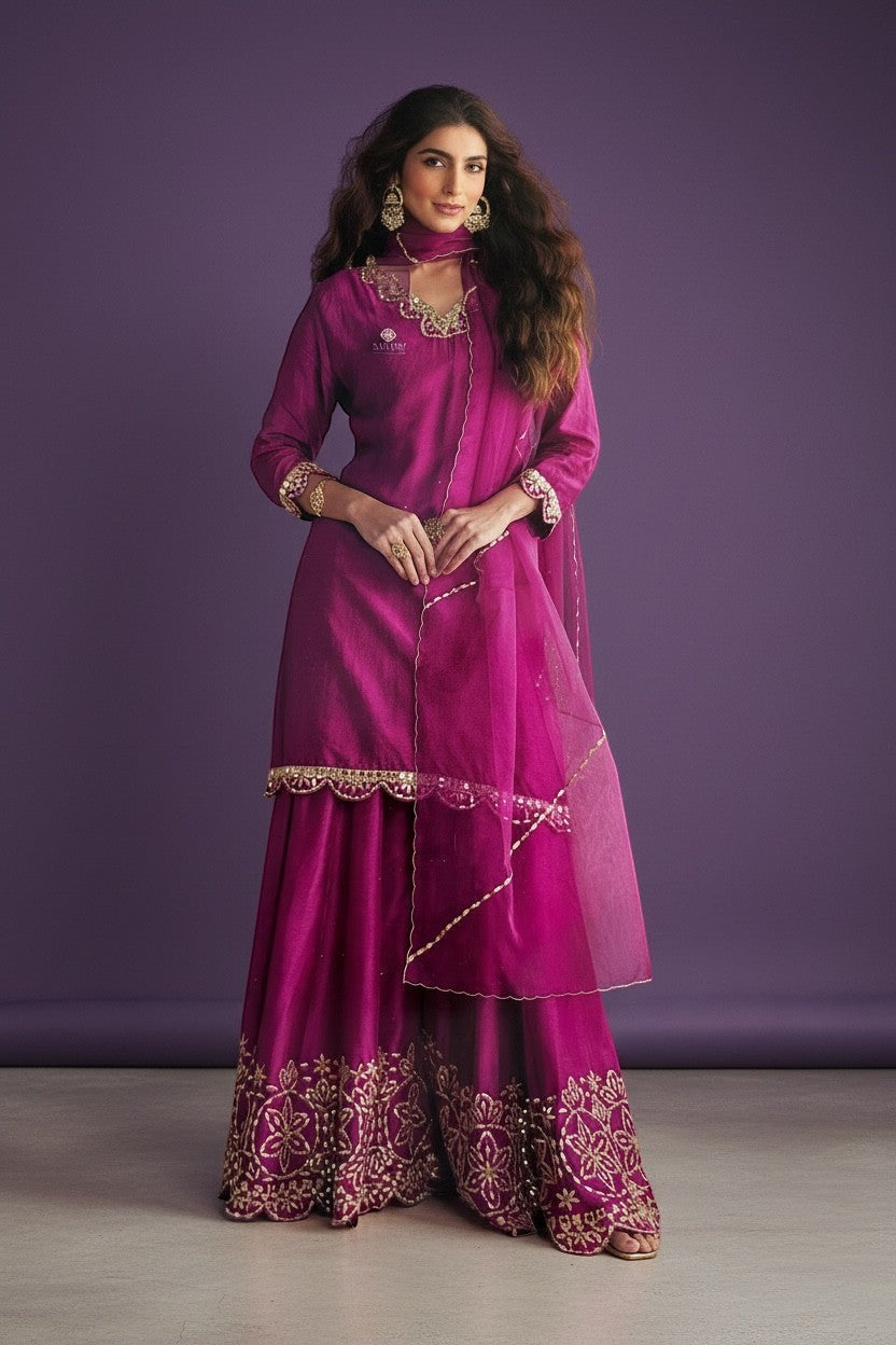 Kurti Connection USA magenta silk sharara suit with gold embroidery and sheer dupatta. Model wears ornate earrings and bracelet.