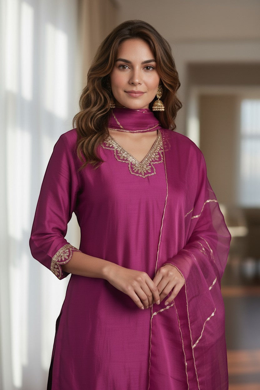 Kurti Connection USA magenta silk sharara suit with gold embroidery on neckline and cuffs. Sheer dupatta with gold trim.