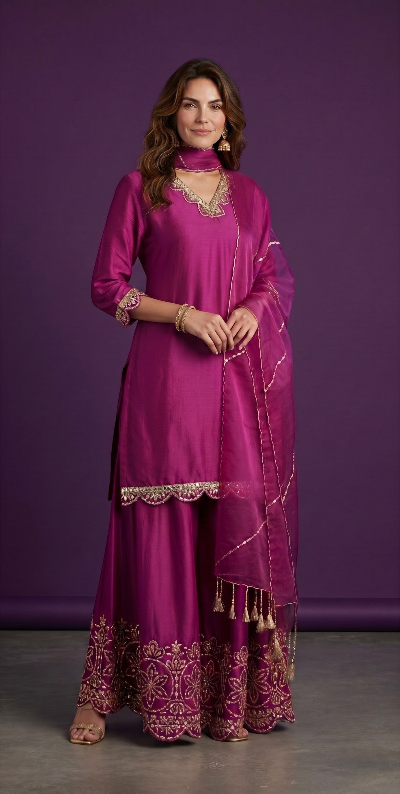 Kurti Connection USA magenta silk sharara suit with gold embroidery on neckline, sleeves, and hem. Sheer dupatta with tassels.