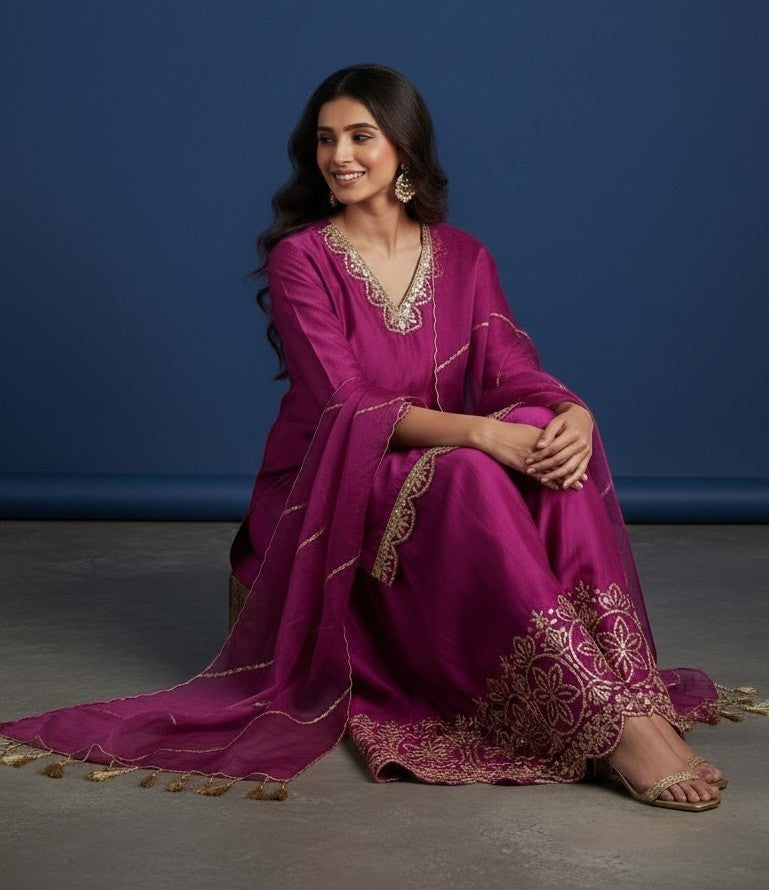 Kurti Connection USA magenta silk sharara suit with gold embroidery on neckline, sleeves, and hem. Sheer dupatta with tassels.