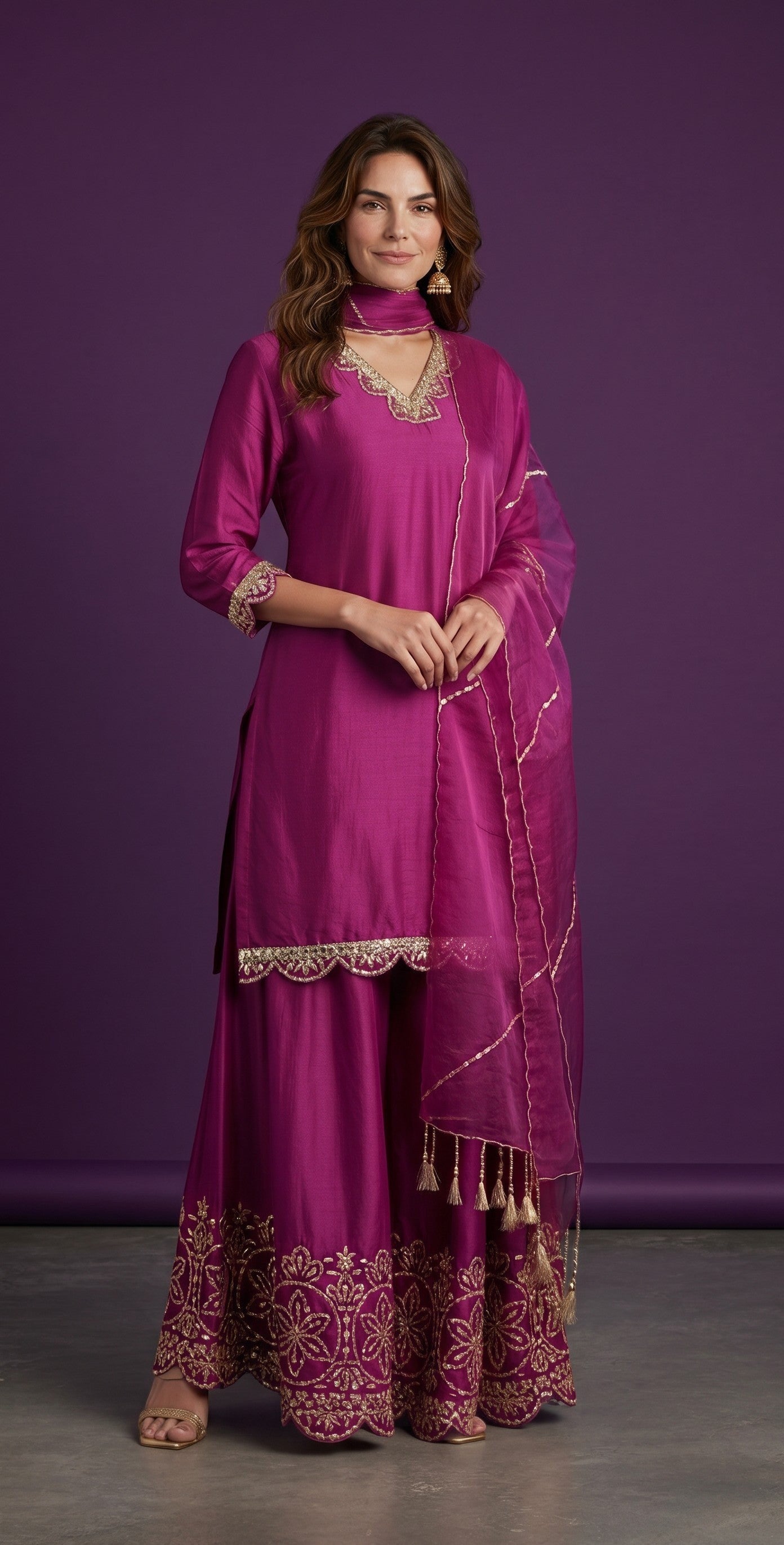 Kurti Connection USA magenta silk sharara suit with gold embroidery on neckline, sleeves, and hem. Includes dupatta with tassels.
