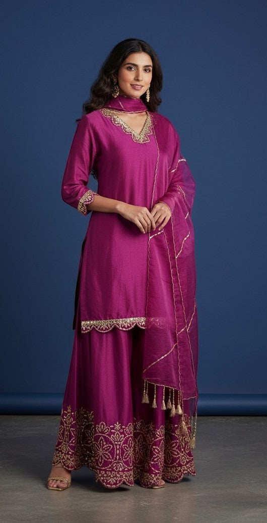 Kurti Connection USA magenta silk sharara suit with gold embroidery on neckline, cuffs, and hem. Includes matching dupatta.