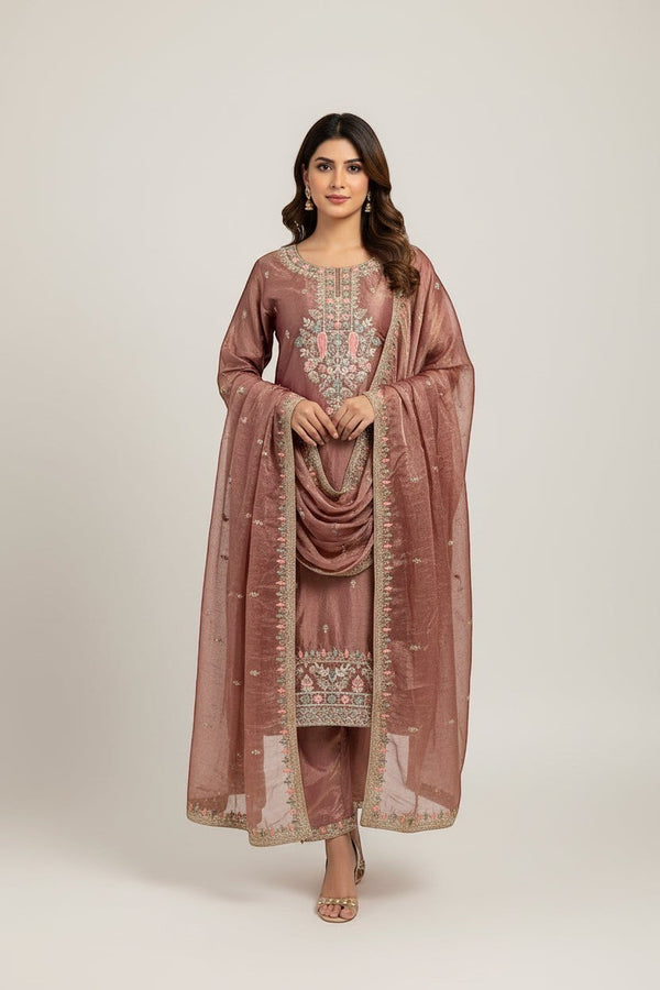 Kurti Connection USA mauve silk kurti pant and dupatta set with intricate floral embroidery and shimmering threadwork.