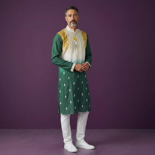 Kurti Connection USA men's mehandi green kurta set with white embroidered details and ombre effect, paired with white pants.