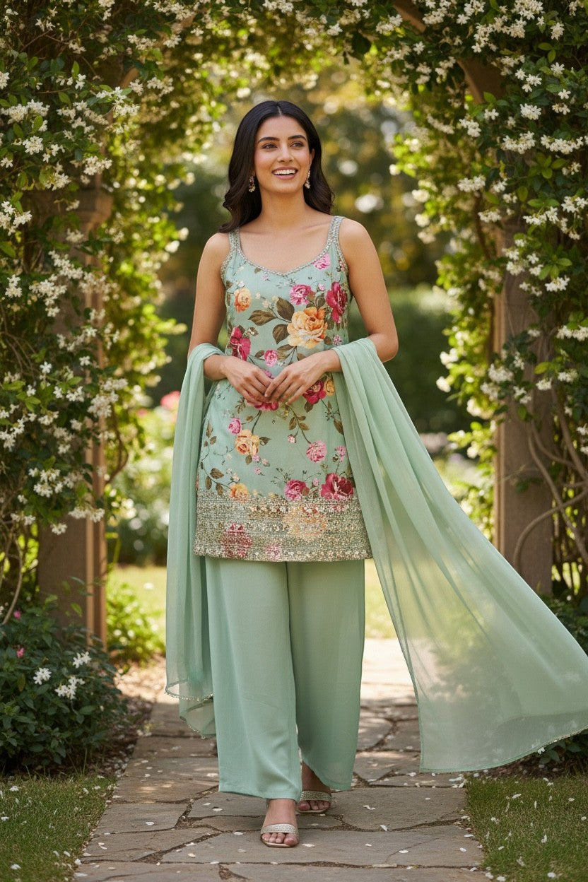 Kurti Connection USA mint green floral sleeveless kurti with sequin embellishments and palazzo pants.