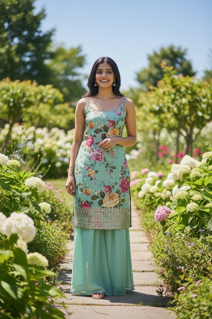 Kurti Connection USA mint green floral sleeveless kurti with sequin embellished hem and palazzo pants.