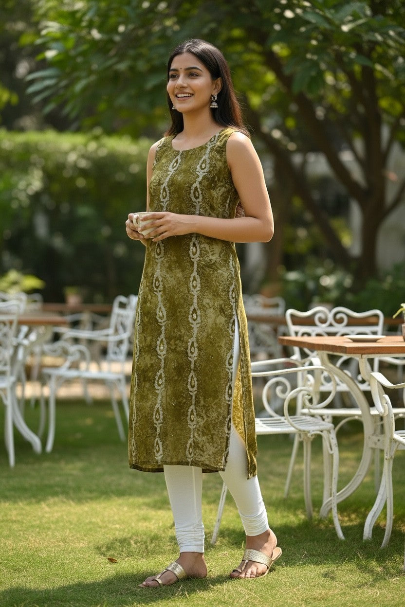 Kurti Connection USA sleeveless olive green printed straight kurti with white leggings and gold sandals, worn by a woman outdoors.