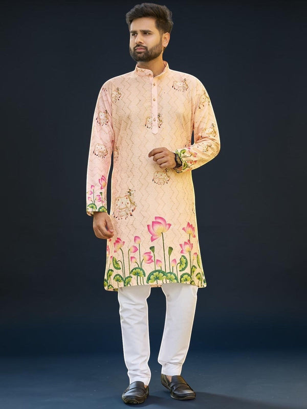 Kurti Connection USA men's peach floral print kurta with white pants, mandarin collar, button-down front, lotus motifs.