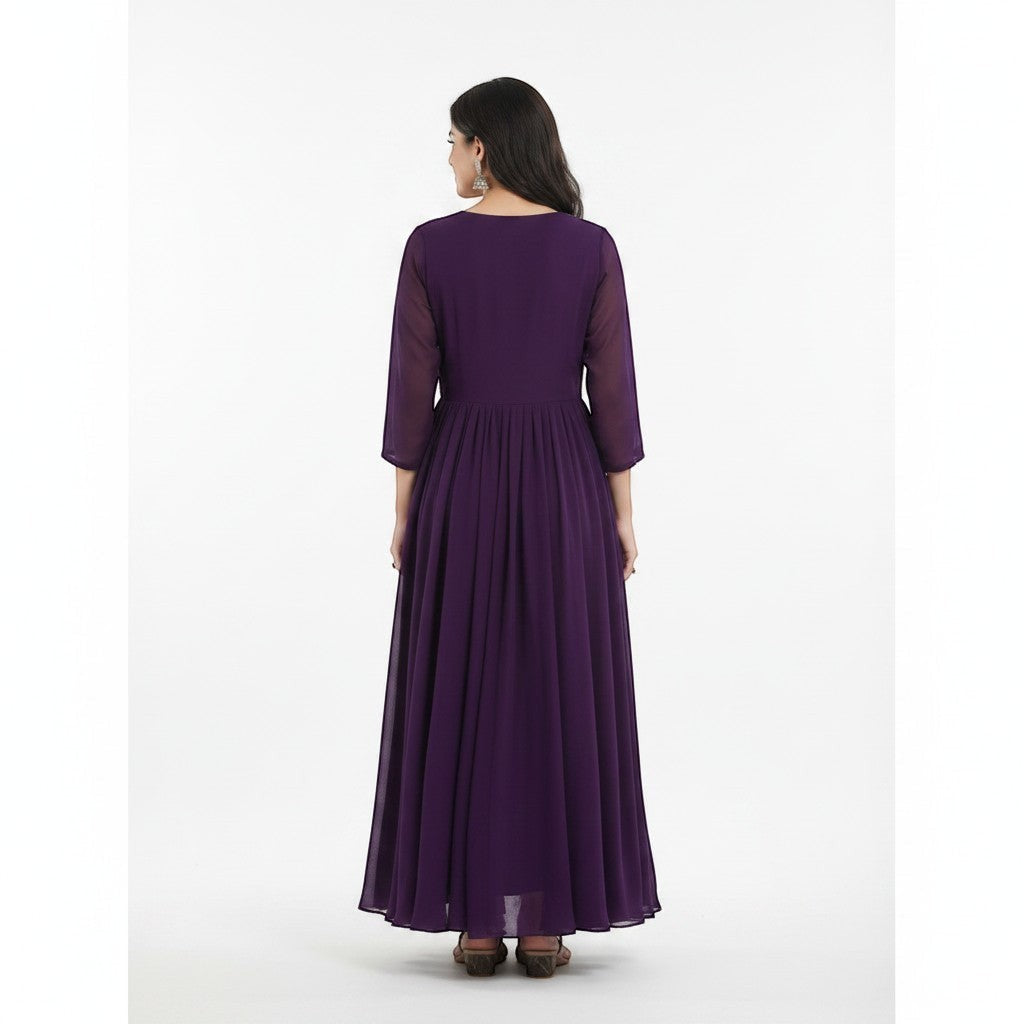 Kurti Connection USA purple georgette Anarkali gown with peacock embroidery on the bodice and flared skirt. Elegant, festive wear.