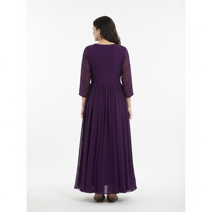 Kurti Connection USA purple georgette Anarkali gown with peacock embroidery on the bodice and flared skirt. Elegant, festive wear.