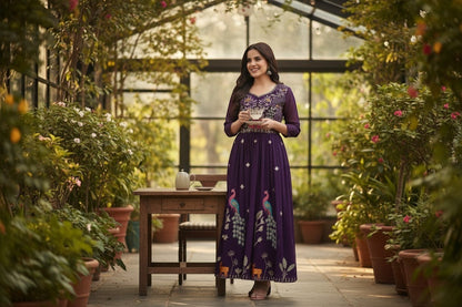 Kurti Connection USA purple georgette Anarkali gown with peacock embroidery on bodice and skirt, perfect for festive occasions.