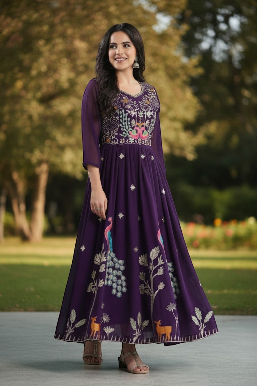 Kurti Connection USA purple georgette Anarkali gown with peacock embroidery on bodice and skirt, deer and tree motifs.