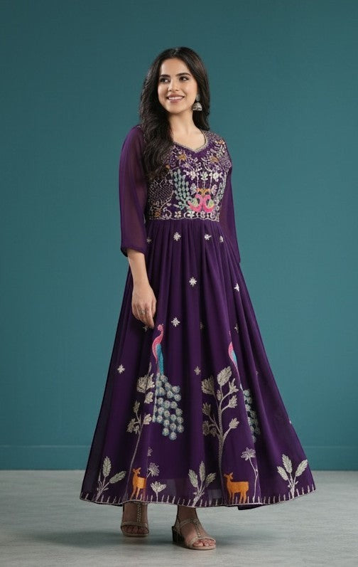Kurti Connection USA purple georgette Anarkali gown with peacock, deer, and floral embroidery on bodice and skirt.