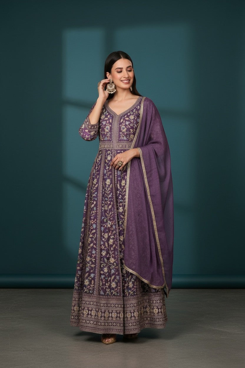 Kurti Connection USA purple embroidered Anarkali suit with all-over print and matching dupatta. Model wears statement earrings.