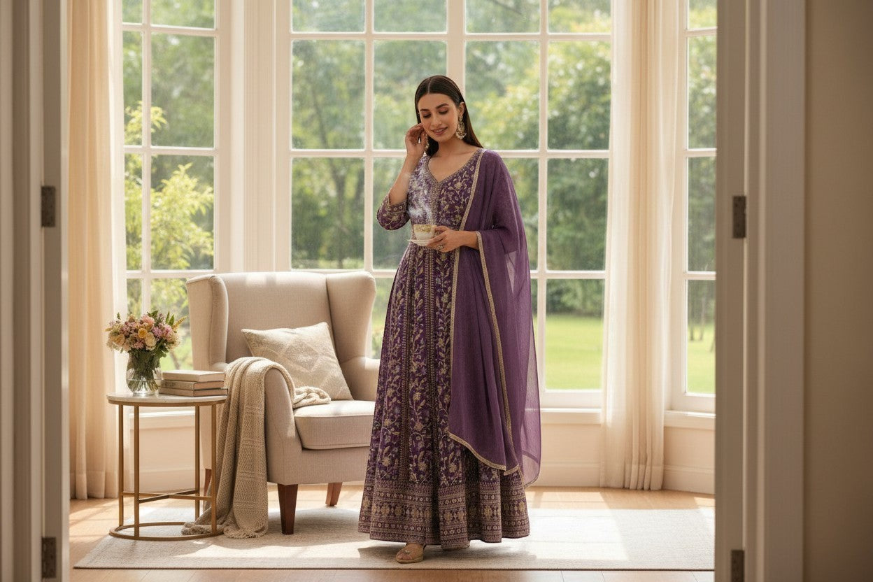 Kurti Connection USA purple embroidered Anarkali suit with dupatta, featuring a vibrant all-over print and flowing silhouette.