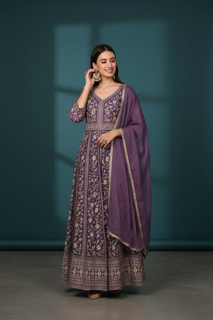 Kurti Connection USA purple embroidered Anarkali suit with all-over print and dupatta. V-neck, 3/4 sleeves, flowing silhouette.