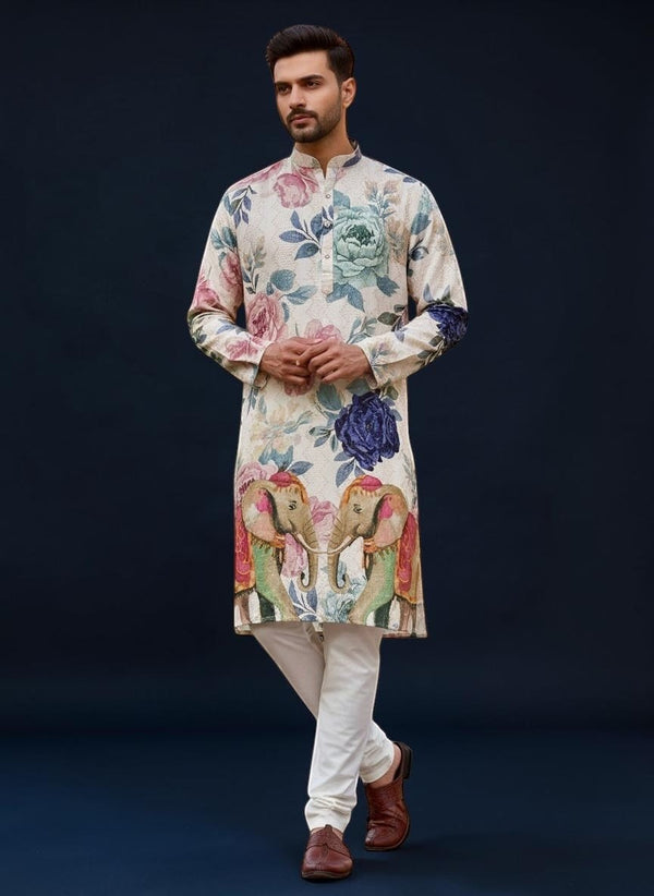 Kurti Connection USA cream rayon kurta with a vibrant digital print of large floral motifs and two elephants at the hem. Long sleeves and mandarin collar.