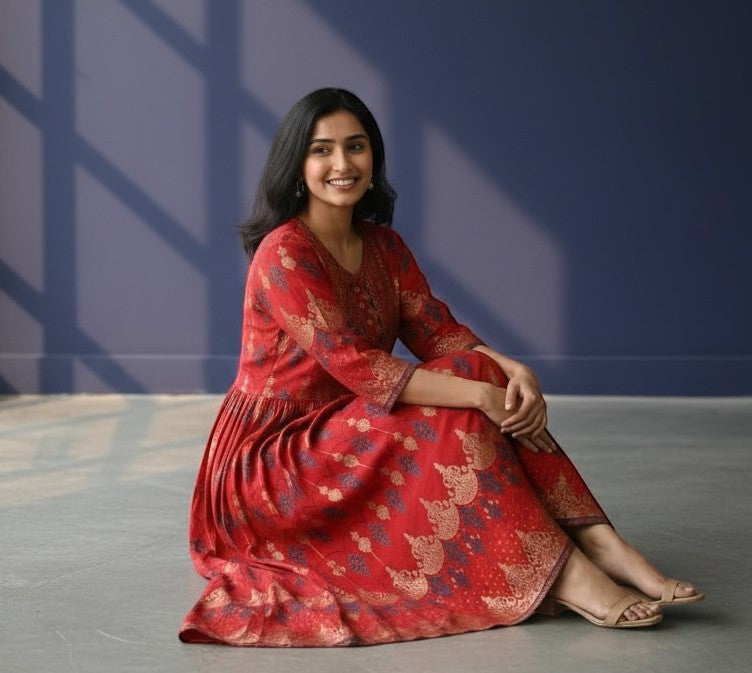 Kurti Connection USA red Anarkali kurti with gold and navy blue prints, detailed yoke, and flowing flare.