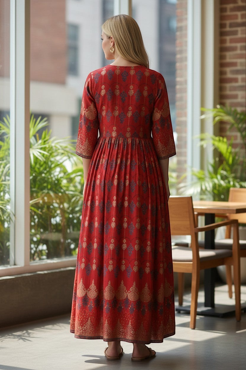 Kurti Connection USA red Anarkali kurti with gold and navy blue print, detailed yoke, and graceful flare.