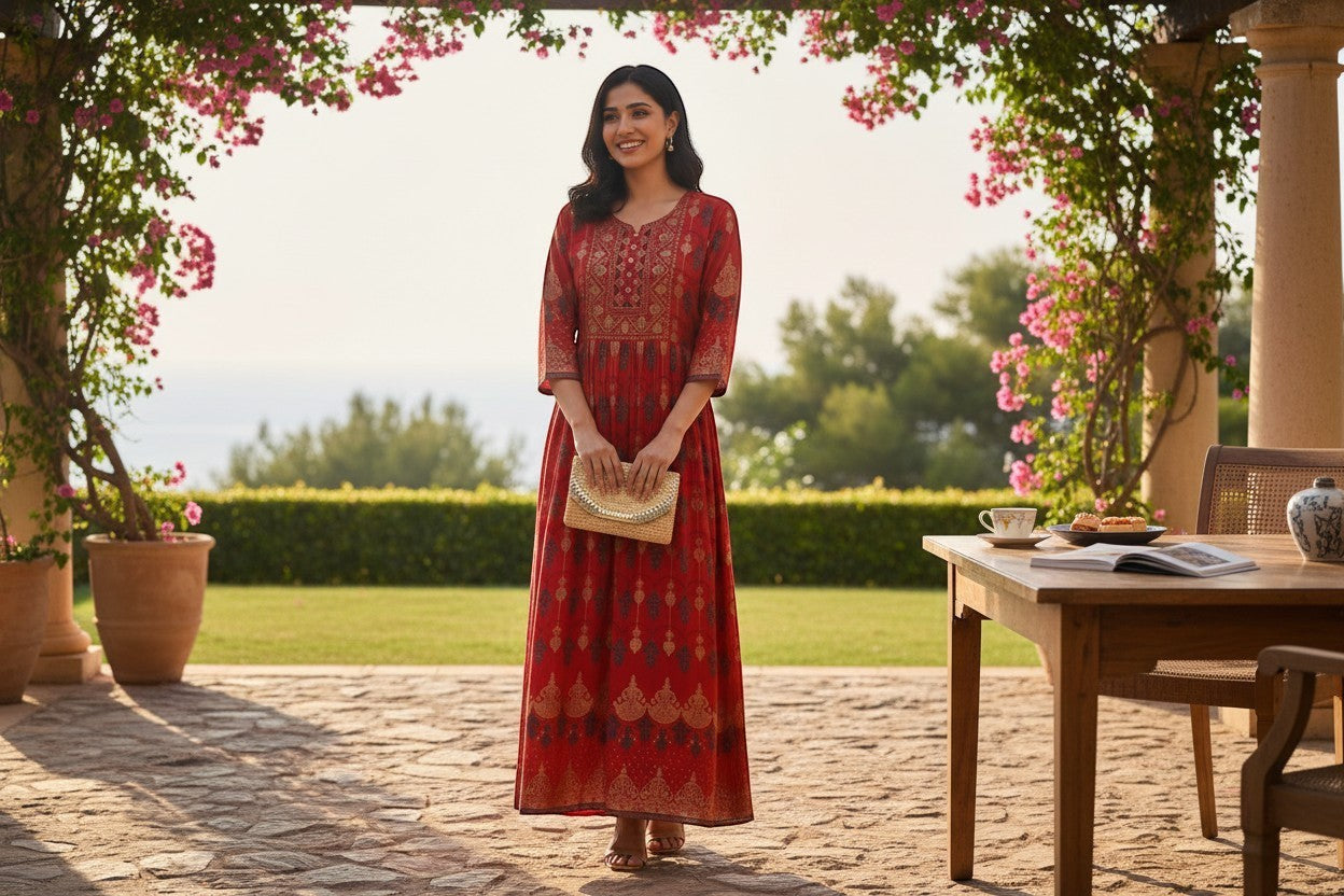 Kurti Connection USA red Anarkali kurti with gold and navy blue prints, detailed yoke, and flowing flare.