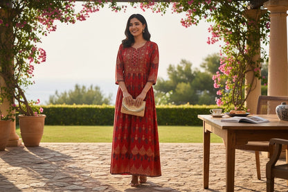 Kurti Connection USA red Anarkali kurti with gold and navy blue prints, detailed yoke, and flowing flare.