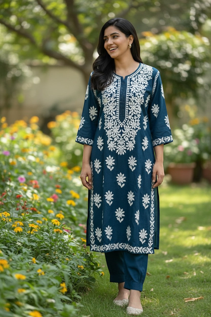 Kurti Connection USA teal cotton kurti pant set with white chikankari embroidery, round neck, 3/4 sleeves.