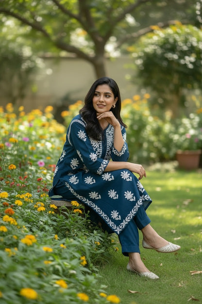 Kurti Connection USA teal cotton kurti pant set with white chikankari embroidery, round neck, 3/4 sleeves, and matching pants.