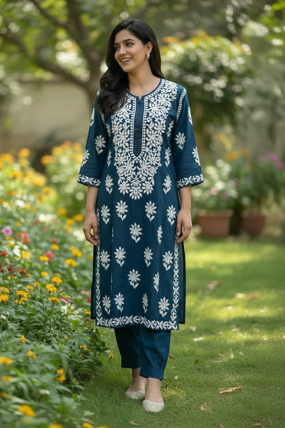 Kurti Connection USA teal cotton kurti pant set with white chikankari embroidery, round neck, 3/4 sleeves.