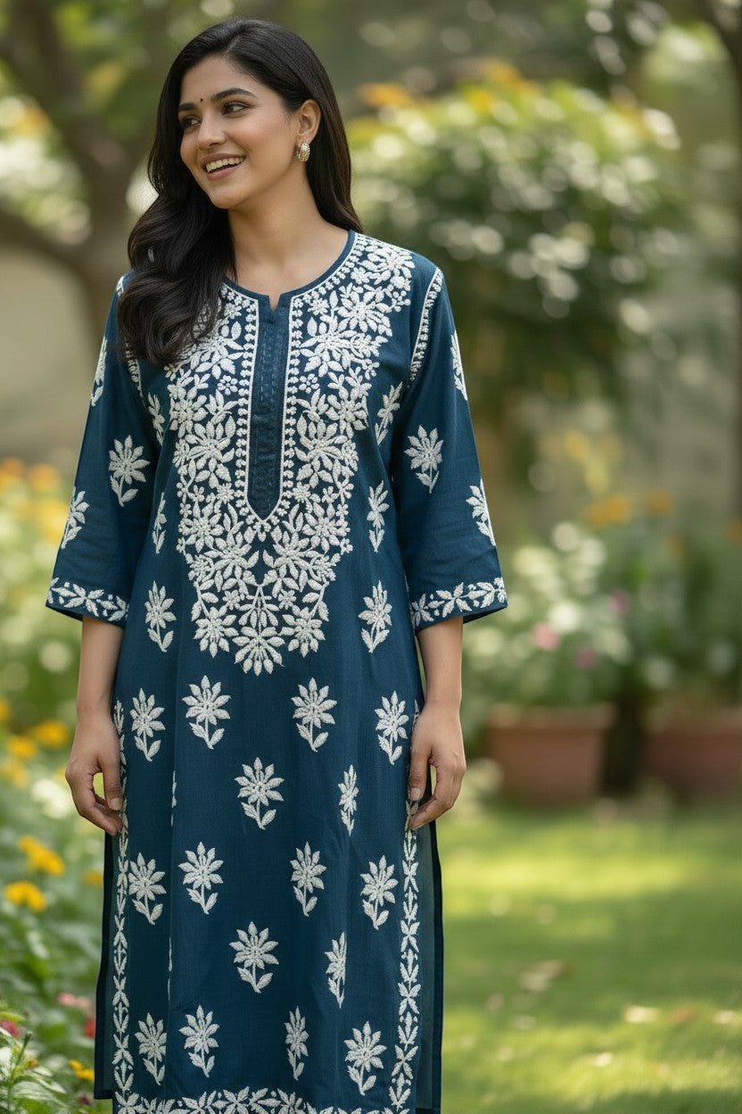 Kurti Connection USA teal cotton kurti with white chikankari embroidery, round neck, 3/4 sleeves, and matching pants.