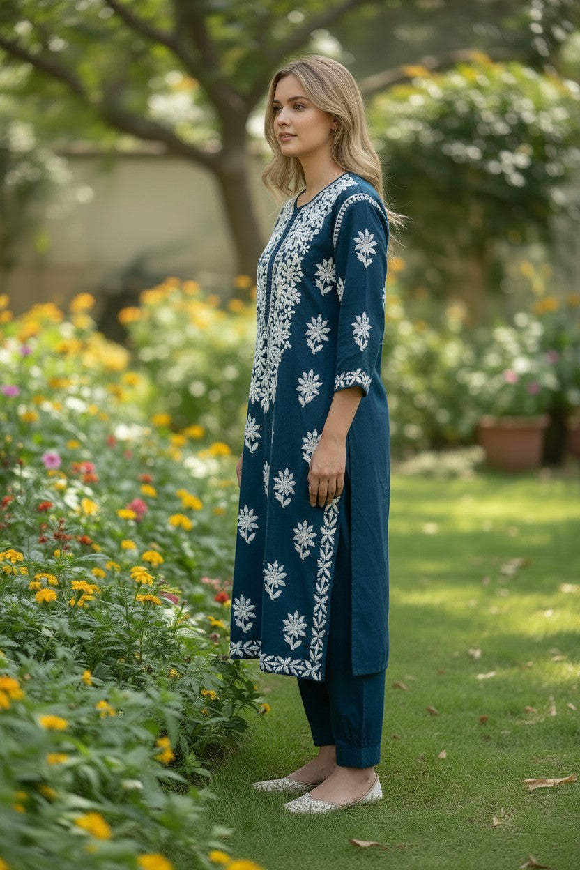 Kurti Connection USA teal cotton kurti pant set with white chikankari embroidery and three-quarter sleeves.