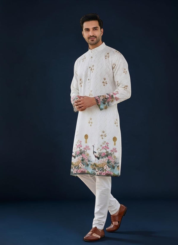 Kurti Connection USA white embroidered kurta for men with floral and crane print accents on sleeves and hem.