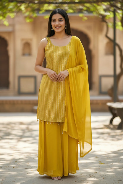Kurti Connection USA yellow sleeveless kurti with pearl accents and palazzo pants, embellished with vertical stripes.