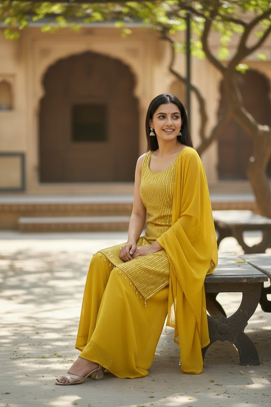 Kurti Connection USA yellow sleeveless kurti with pearl accents and matching palazzo pants, embellished with vertical stripes.