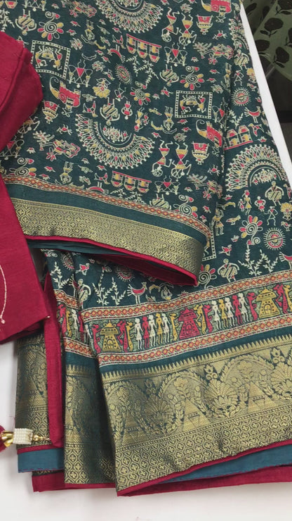 Dark green  varliprint saree